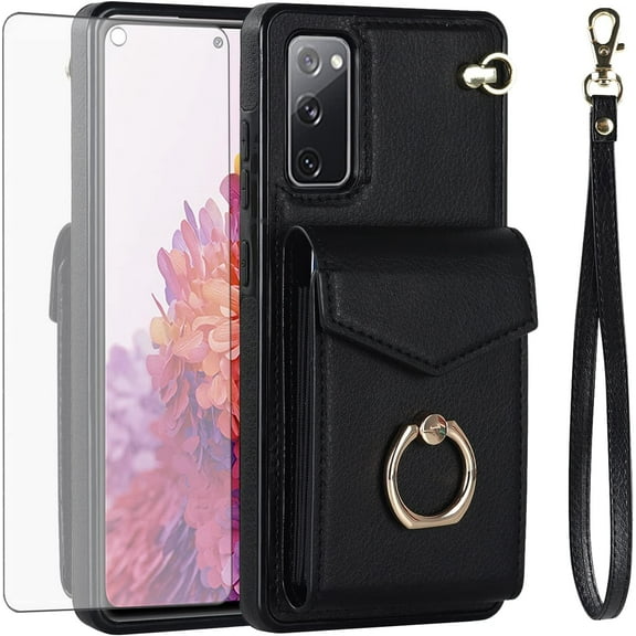 REQO Phone Case for Samsung Galaxy S20 FE 5G 6.5 inch Wallet Cover with Tempered Glass Screen Protector and RFID Ring Card Holder Cell S 20 EF UW S20FE5G S20FE 20S Fan Edition 4G G5 Women Men Black