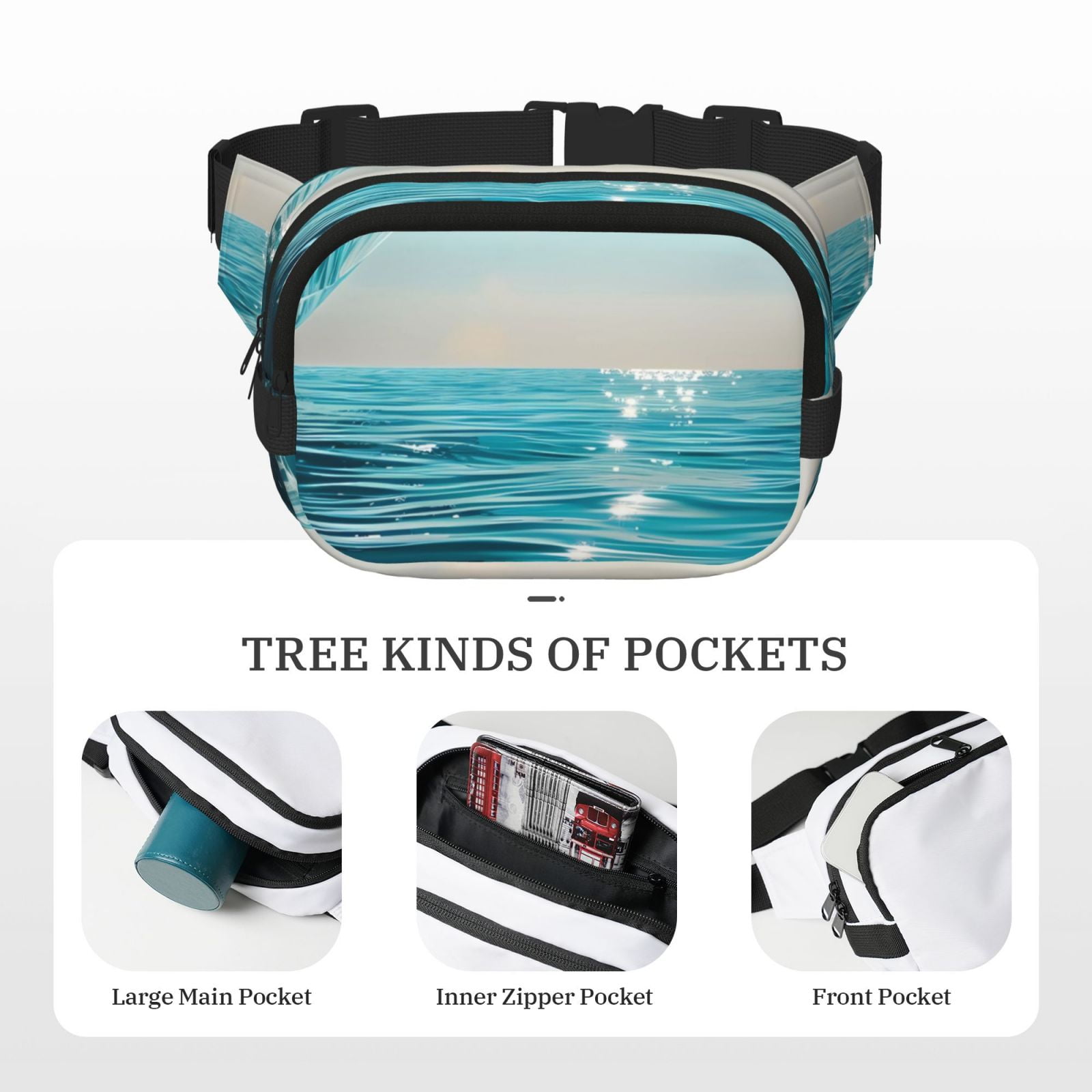 Picia Turquoise Ocean Reflection Print Square Double-Layer Waist Bag Mini Adjustable Waist Belt Bag Exercise Running Travel Hiking