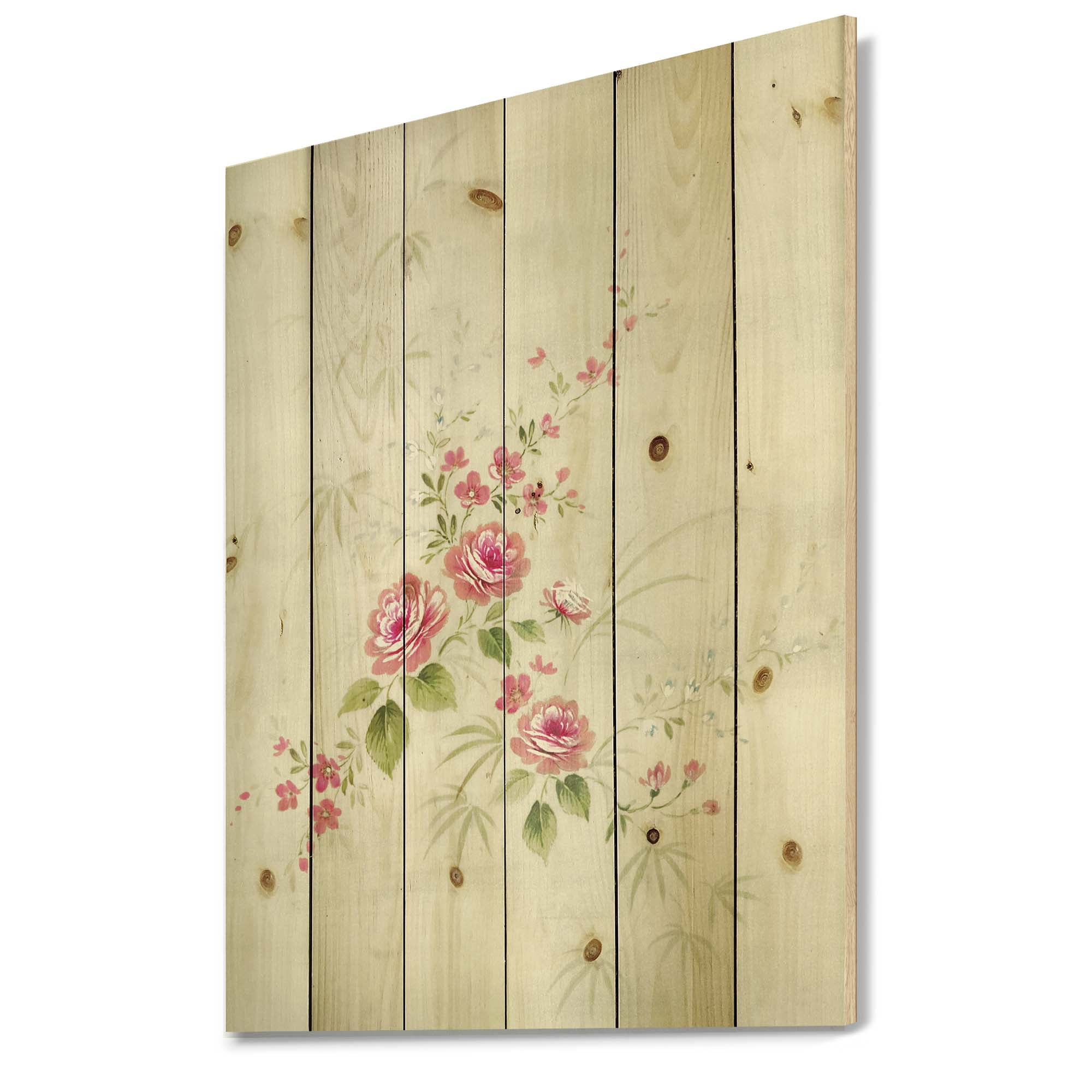 Designart 'Abstract Retro Drawing of Flowers II' Vintage Print on Natural Pine Wood
