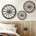 thumbnail image 4 of Ikohbadg 3 Pcs Wagon Wheel Decor Wooden Western Cowboy Party Decorations Vintage Rustic Wagon Wheel Wood Cartwheel Decor for Bar Garage Indoor Outdoor Dark Brown, 4 of 5