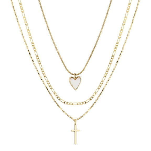 Believe by Brilliance Women's 14Kt Gold Flash-Plated Mother of Pearl Heart and Cross Layered Pendant Necklace Set, 16 2", 17 2", & 18 2" Extender