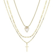 Believe by Brilliance Women's 14Kt Gold Flash-Plated Mother of Pearl Heart and Cross Layered Pendant Necklace Set, 16+2", 17+2", & 18+2" Extender