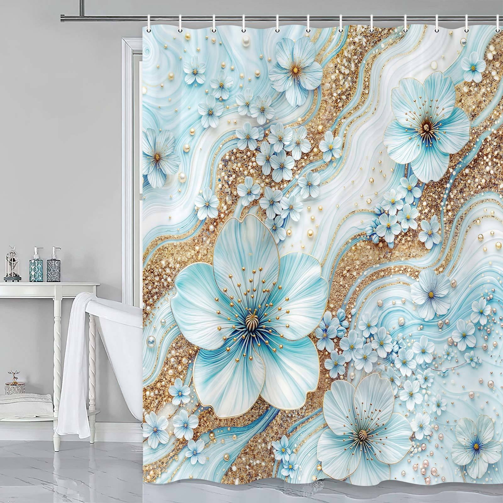 Blue Luxury Light Floral Shower Curtain, Elegant Boho Bathroom Decor, Cherry Blossom with Gold Glitter Marble Texture, Waterproof Washable Fabric Shower Curtain Set with Hooks,70X75in