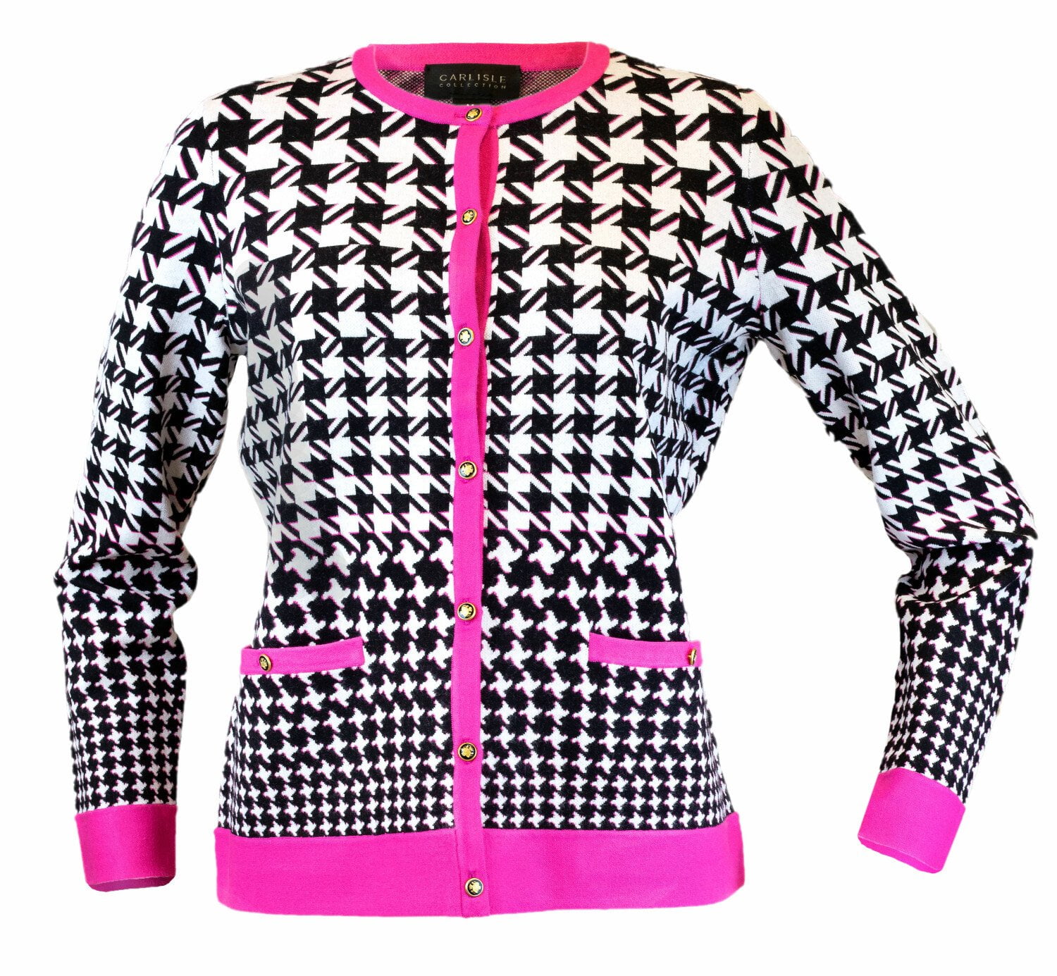 pink cardigan with black trim