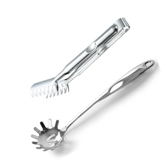 Spaghetti Spoon and Spaghetti Tong 2-Piece Set, 13-Inch Non-Stick Spaghetti Fork and 11.4-Inch Kitchen Tong, Easy Storage and Cleanup, Ergonomic Design, stainless steel