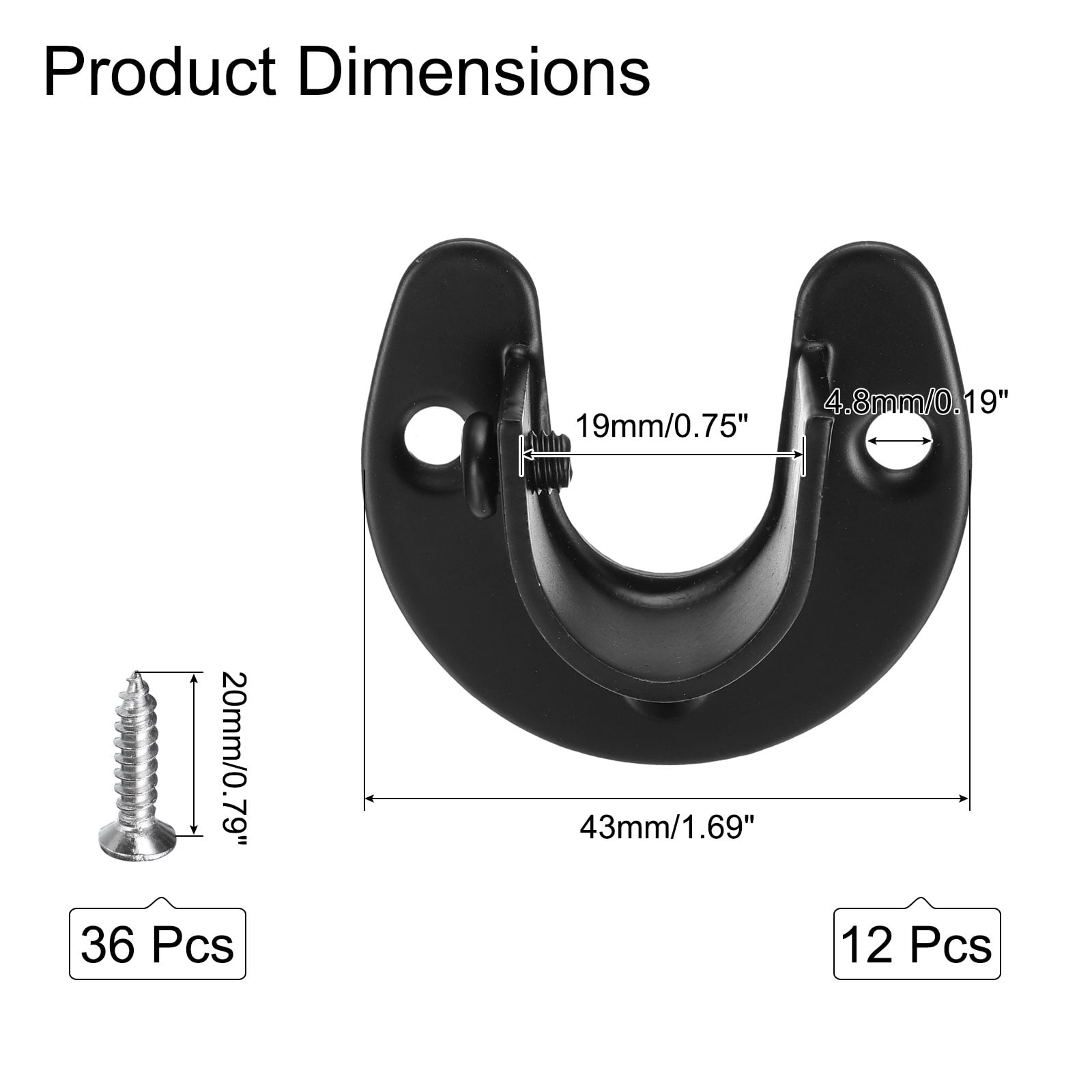 Uxcell 12Pcs Stainless Steel Closet Rod Brackets, 3/4 Inch Dia U-Shaped Open Type Wardrobe Holder with Screws, Shower Curtain Rod Pole End Supports Sockets Flange, Black