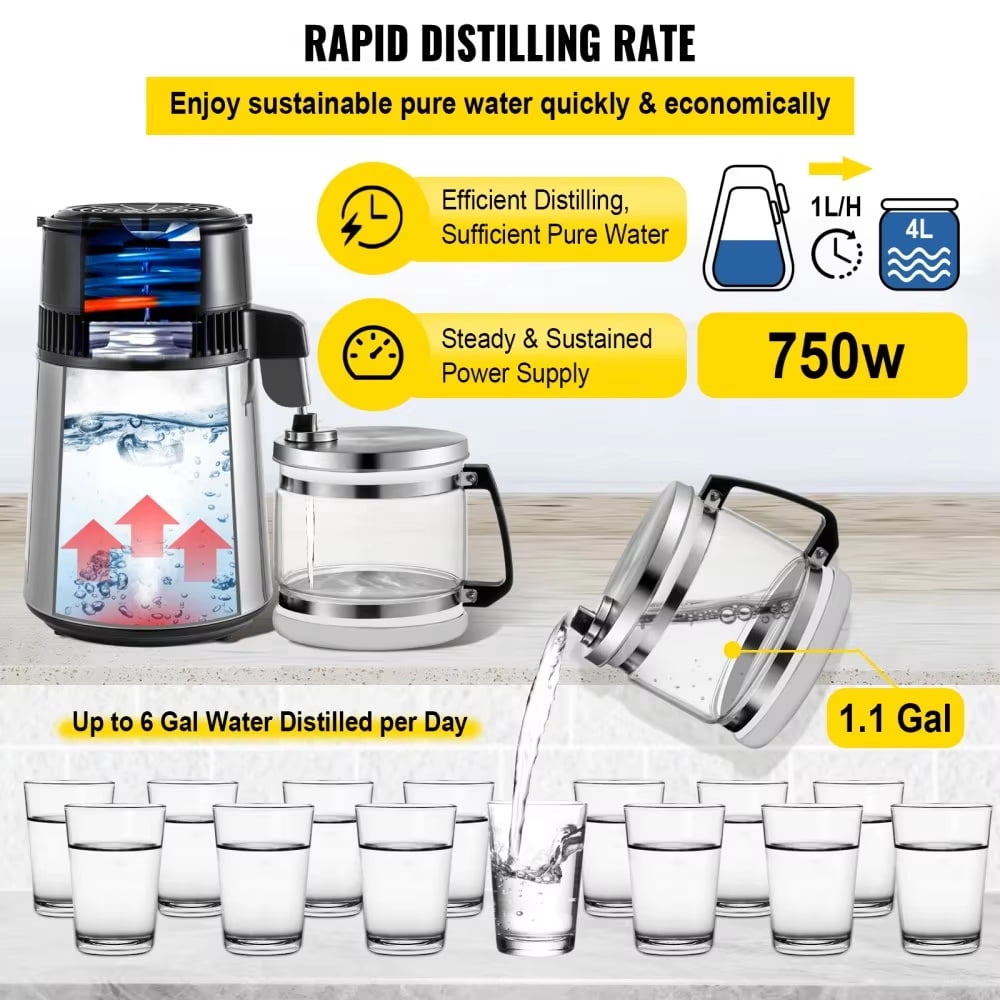 1.1 Gallon/4L Water Distiller Countertop 750W 304 Stainless Steel Distilled Water Maker Machine with Glass Carafe, Home Pure Clean Water Device