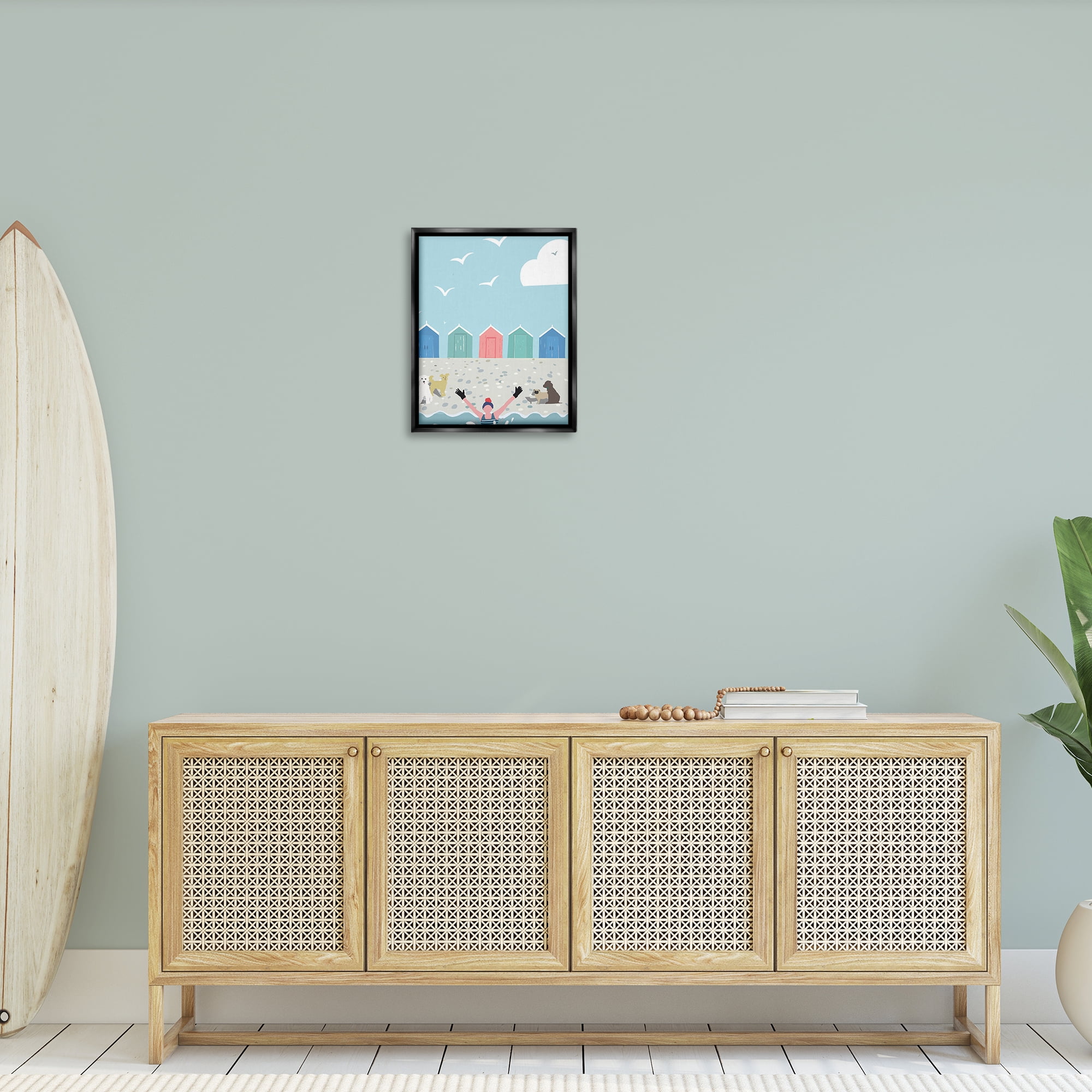 Stupell Industries Dog Friends on Beach Nautical & Beach Painting Black Floater Framed Canvas Art Print Wall Art, 17 x 21
