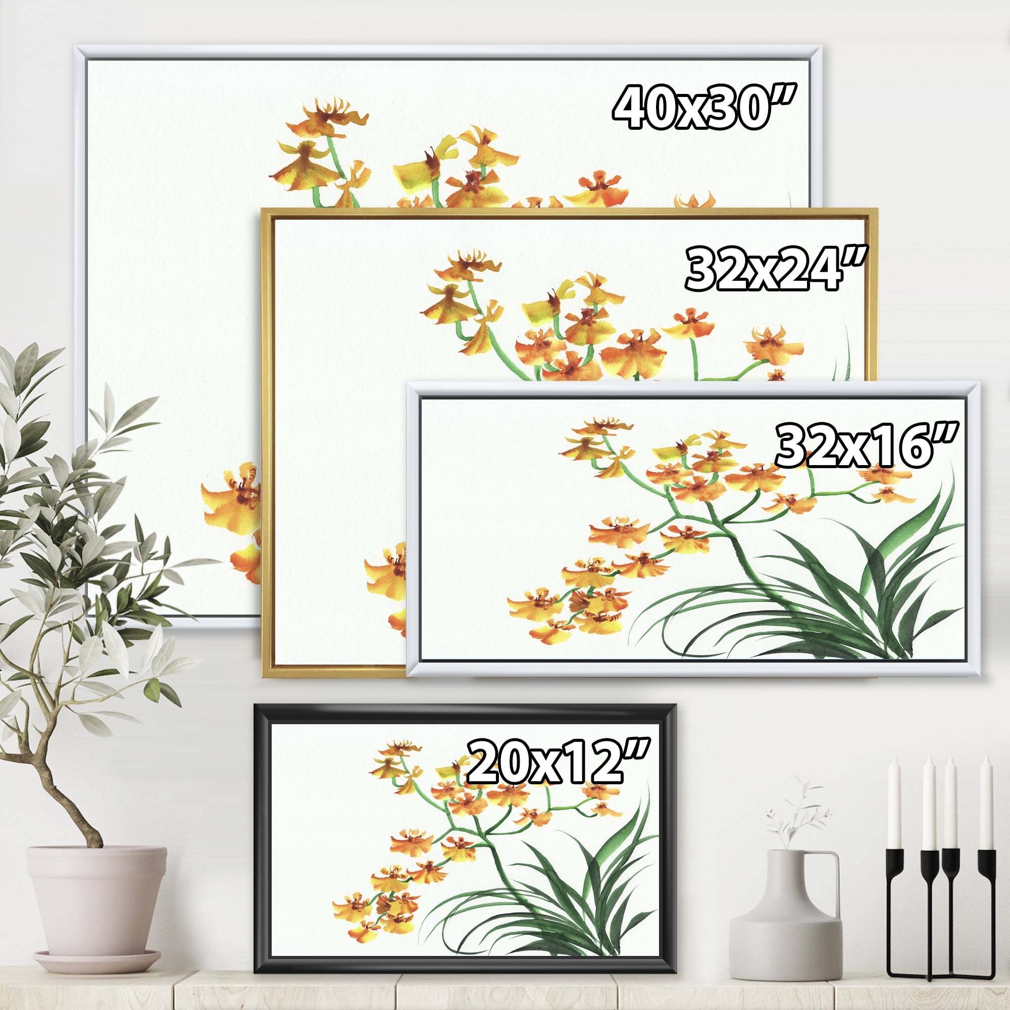 Designart 'Yellow Vintage Orchids On White' Traditional Framed Canvas Wall Art Print