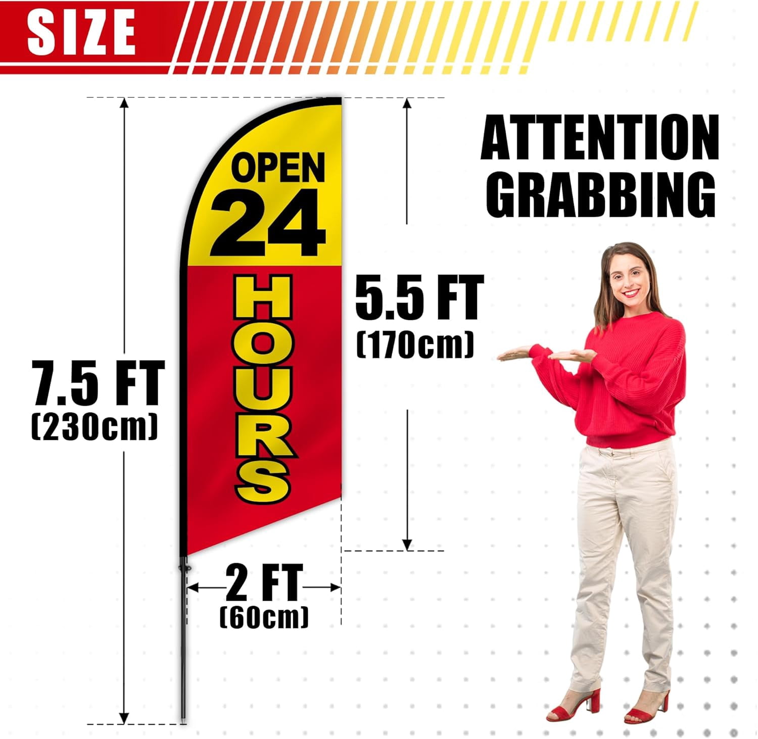 Anley 7.5 FT Open 24 Hours Feather Flag Banner Kit - Outdoor Swooper Advertising Flags with Pole and Stake - Business Hours Sign for Stores, Restaurants, Gas Stations - Weather Resistant & Easy Setup