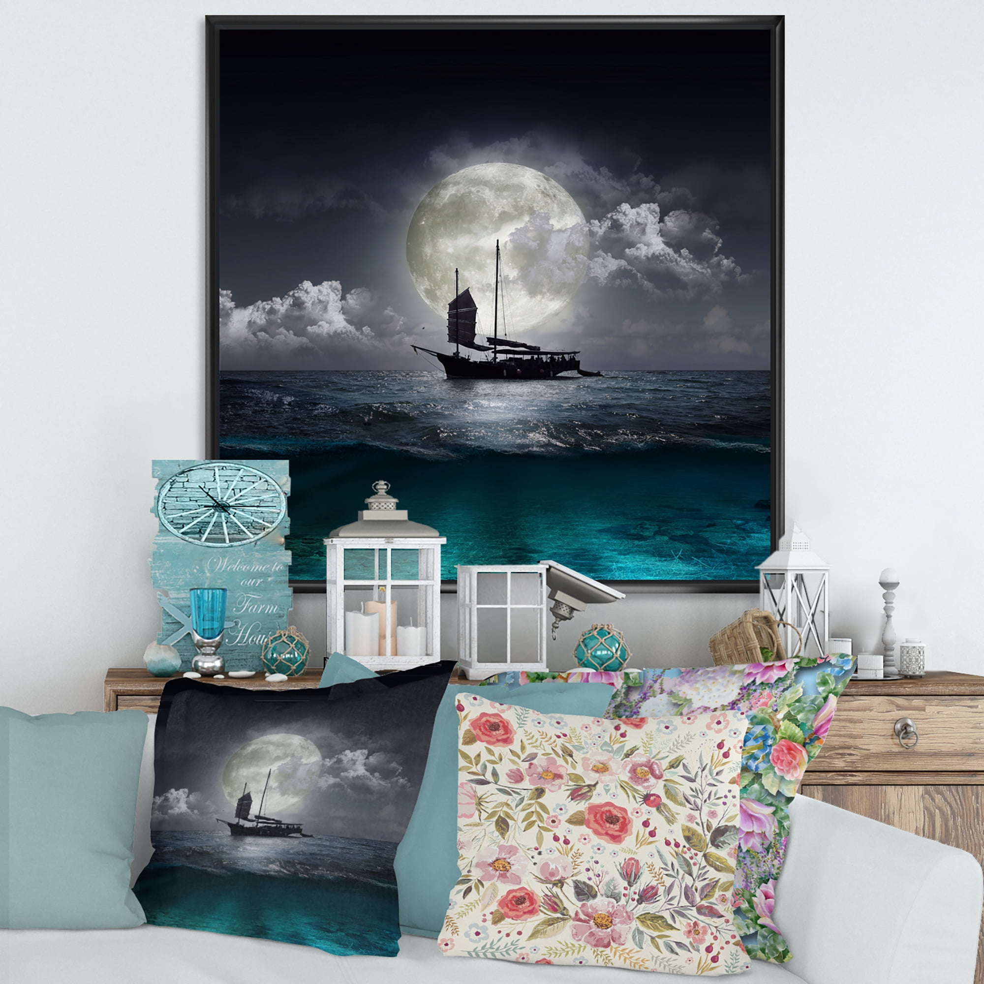 Designart 'The Lake During Full Moon With Fisher Boat' Nautical & Coastal Framed Canvas Wall Art Print