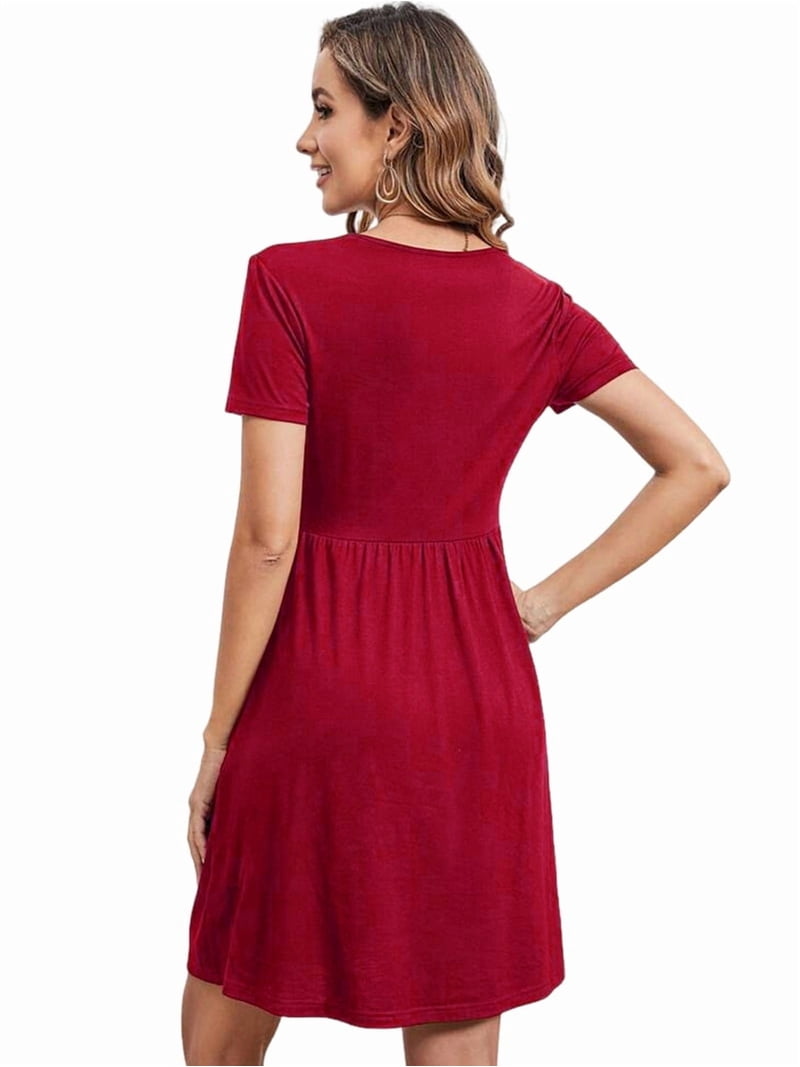 Women'S Short Sleeve Summer Dress Pleated Loose Swing Knee Length Dresses with Pockets Wine Red XL