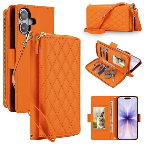 For Apple iPhone 17 6.3"【RFID Blocking 】Diamond Grid Wallet Case Magnetic Flip Cover 7-Card Slots Zipper Pocket With Detachable Shoulder Strap And Wrist Strap,Orange,For iPhone 17