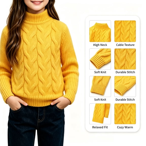 Xaqiouau Girls Polyester Solid Cable Knit Turtleneck Regular Fit Long Sleeve Warm Fall Winter Casual School Pullover Knit Sweater Tops Yellow 1-2 Years