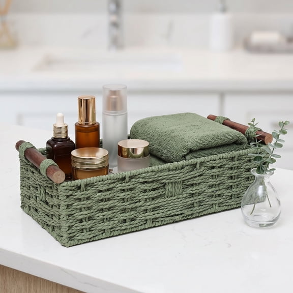 Round Paper Rope Storage Basket, Wicker Baskets for Organizing with Handles, Decorative Small Bin for Countertop Toilet Paper Tank Top, Green