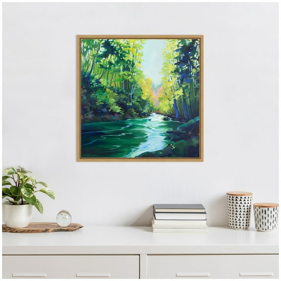 Kate and Laurel Downstream Framed Canvas Wall Art by Rachel Christopoulos 22 x 22 Sylvie Natural, Farmhouse, Landscapes, Nature, Seasons Art for Wall Decor, Living Room, Bedroom