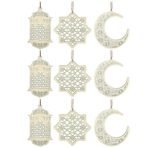 Eid Festival Wooden Decoration 9Pcs Hanging Pendant Crafts For Garden Decoration Light Yellow Creative Design