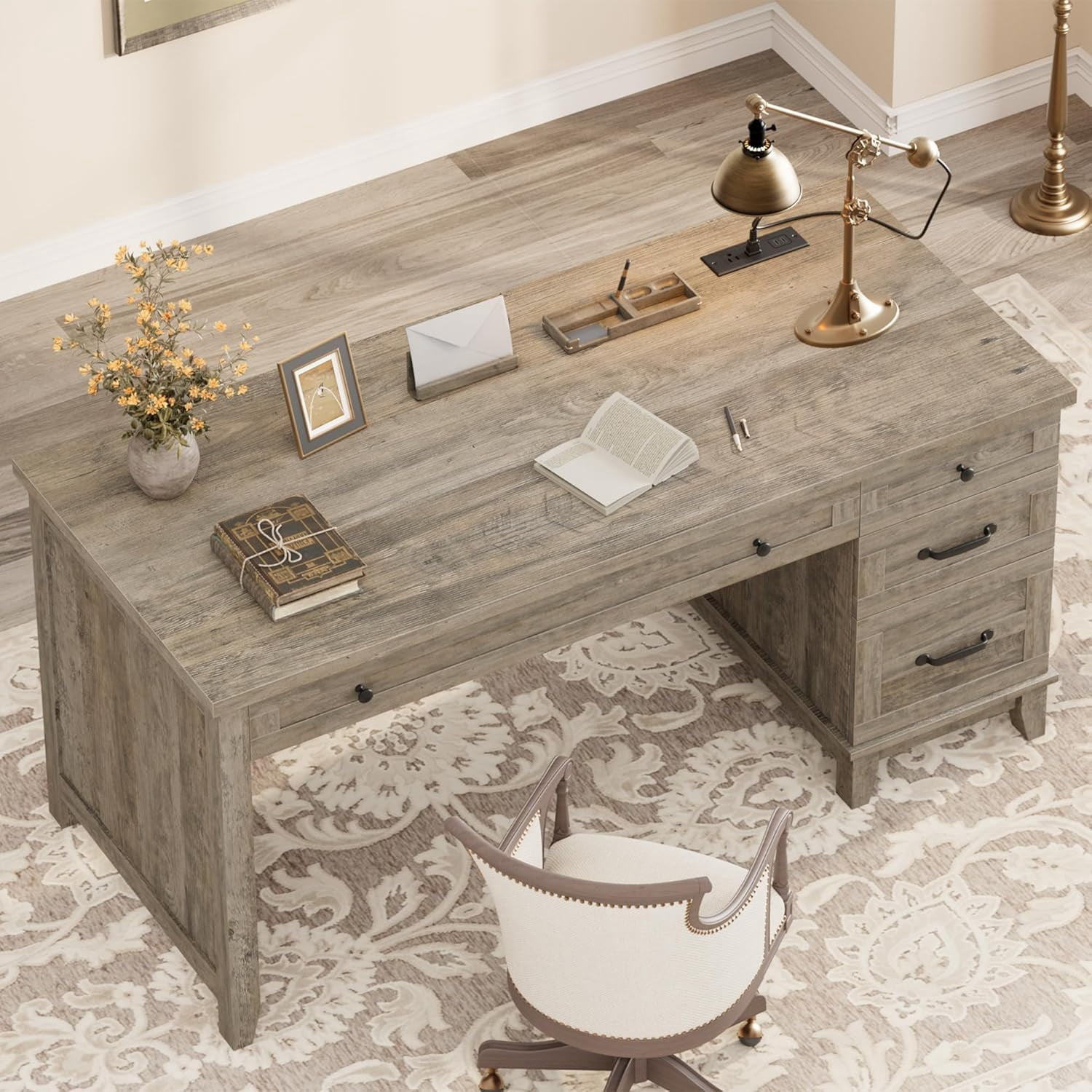 Garvee 53.5" Farmhouse Office Desk with Charging Station - Wooden Executive Computer Desk with File Drawer & USB Ports - Large Home Office Workspace-Gray