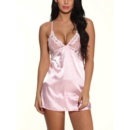 

SpringTTC Women Lace Stitching V-Neck Night Gown Lingerie Sleepwear Backless Slip Dress