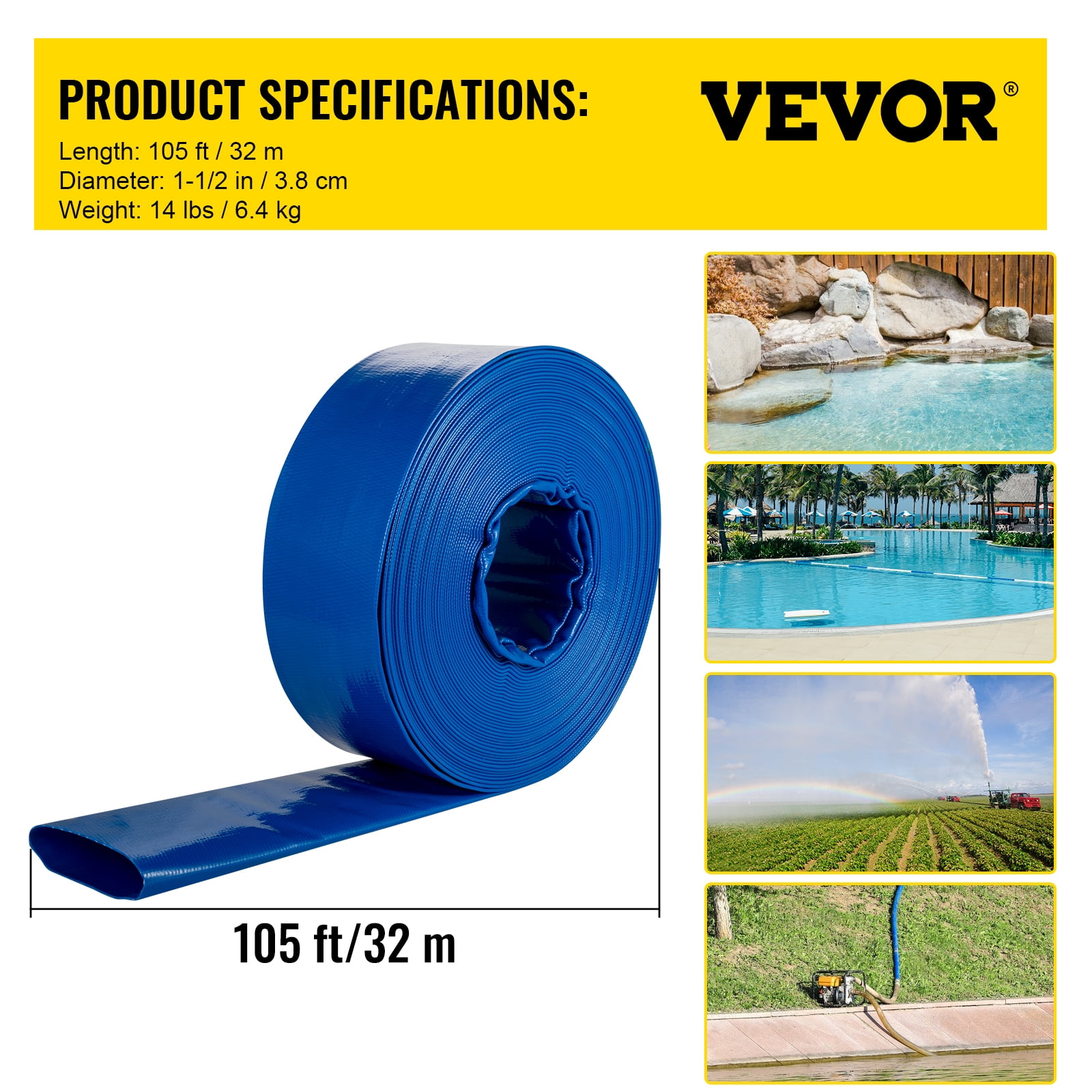VEVOR Discharge Hose, 1-1/2" x 100', PVC Fabric Lay Flat Hose, Heavy Duty Backwash Drain Hose with Clamps, Weather-proof & Burst-proof, Ideal for Swimming Pool & Water Transfer, Blue