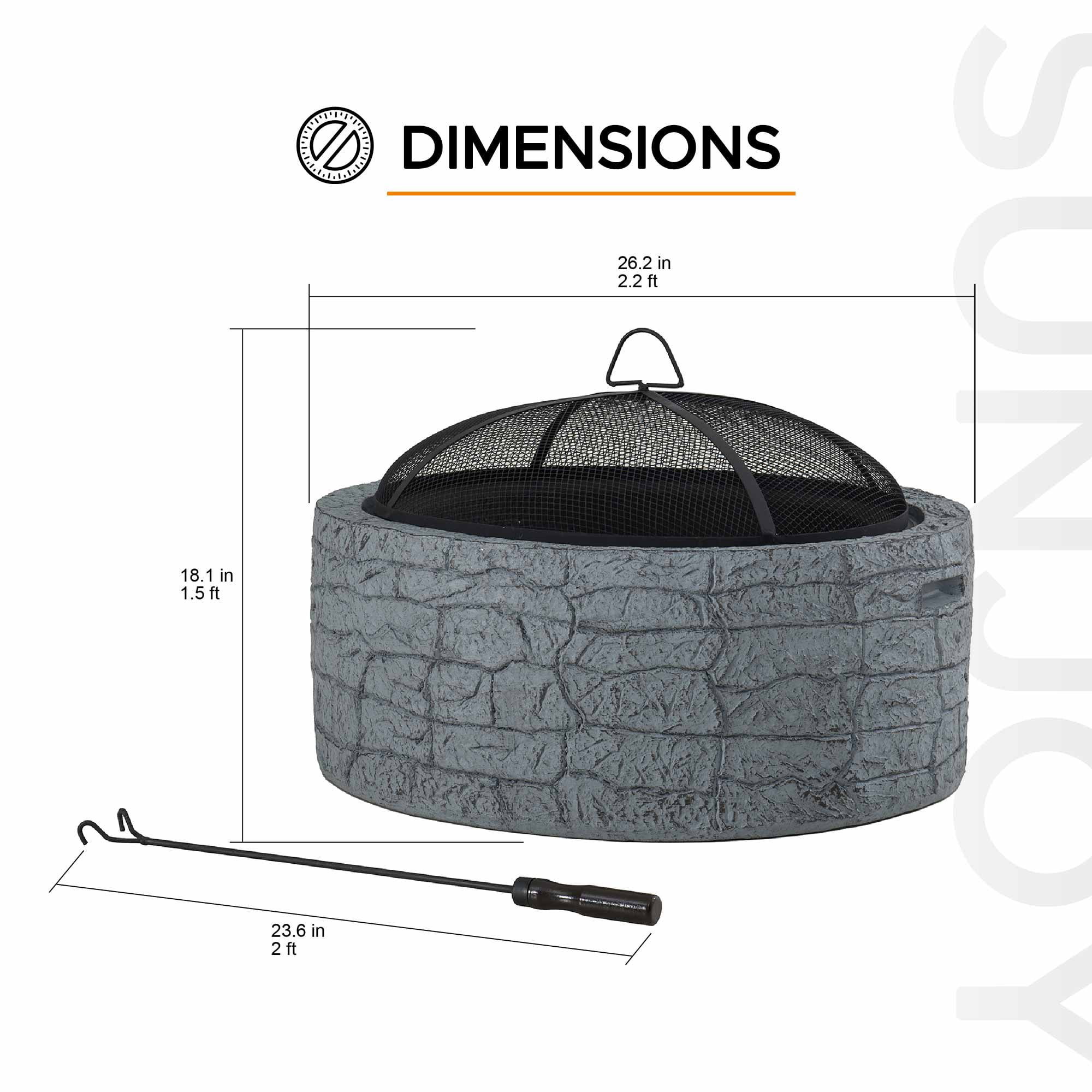 SUNJOY 26 Inch Stone Fire Pit, Patio Outdoor Round Wood Burning Fire Pits for Outside with Spark Screen and Poker, Misty Blue Stone