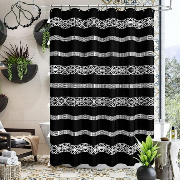 Black Long Shower Curtain 72 x 84, Boho Tassel 84 inch Shower Curtain, Tribal Geometric XL Shower Curtain for Bathroom Decor, Aesthetic Farmhouse Washable Fabric Shower Curtain