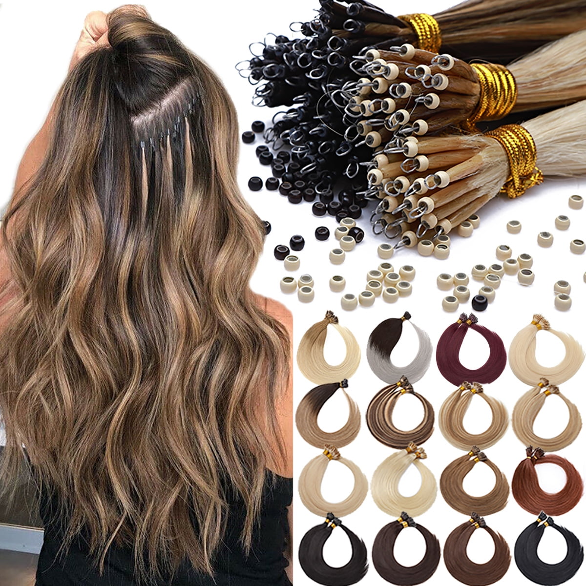 My-lady Nano Ring Beads Human Hair Extensions Micro Loop Tip Russian Hair Highlight Hairpiece 16 inch-24 inch, Size: 18=50g, Brown