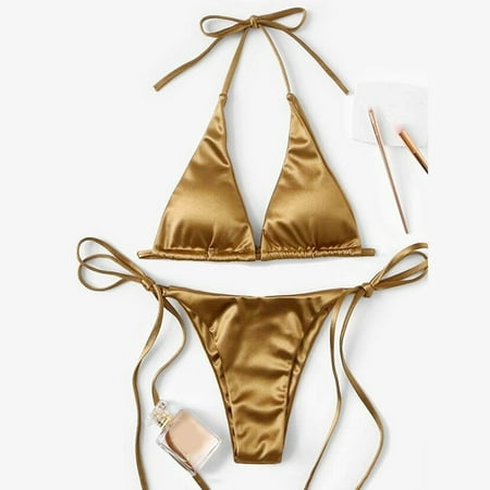 Gubotare Women S Bikini Swimsuits Women s Graphic Swimsuit Tie Front Bandeau and High Waist Panty Bikini Set Bathing Suit Khaki M