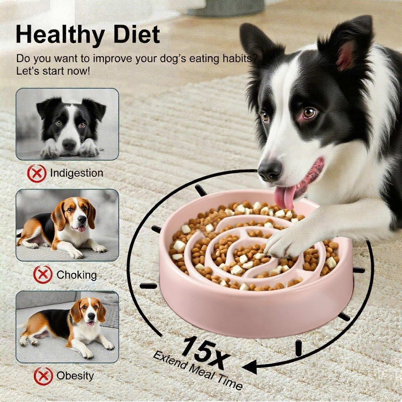 Ceramic Slow Feeder Dog Bowls with Anti-Slip, Slow Feeder & Non-Slip Design, Boredom and Anxiety Reducer, Suitable for All Breed Dogs and Cat (Ceramic-Pink)