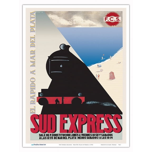 Sud Express Railway - Mar Del Plata - Vintage Travel Poster by Harris c.1934 - Master Art Print (Unframed) 9in x 12in
