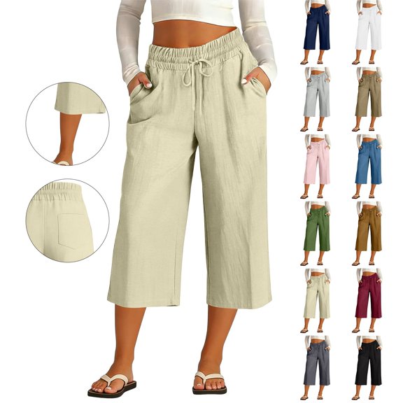 Delayuji Plus Size Womens Capri Pant Wrinkled Cotton Linen Pant Women Fashion Casual Loose Cropped Pants Summer S-5XL