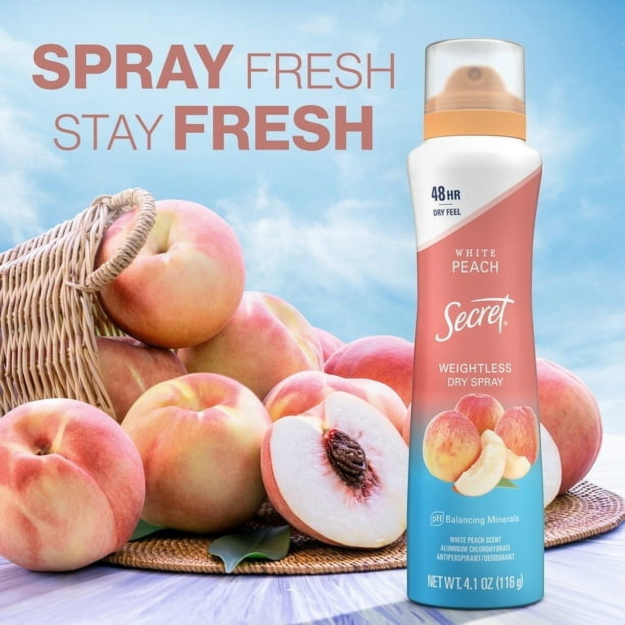 Secret Dry Spray Antiperspirant Deodorant, White Peach and Argan Oil, 4.1oz. (4 Pack)