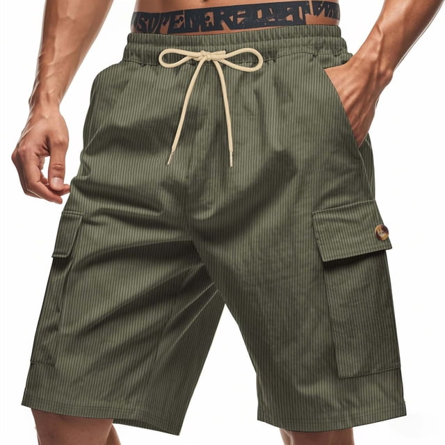 Mens Shorts Elastic Waist with Pockets Versatile Solid Color Multiple Pockets Drawstring, Casual Summer Shorts
