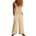 thumbnail image 2 of Women's Sleeveless Jumpsuit, U-Neck Straight Leg Romper with Side Pockets, Casual Summer One Piece Outfit for Beach Vacation and Daily Wear Beige L, 2 of 4