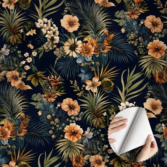 Dark Tropical Floral Wallpaper Vintage Boho Rustic Waterproof Peel and Stick Wallpaper Wall Decor for Living Room Bedroom Bathroom Kitchen Cabinet Drawer Dorm Room 17.7 * 196.7 in