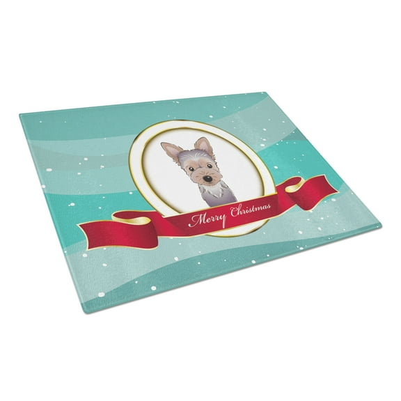 Caroline's Treasures Yorkie Puppy Merry Christmas Glass Cutting Board Large