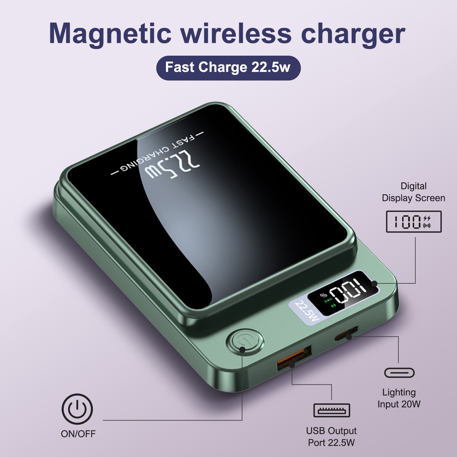 2 in 1 Magnetic Fast Charging Power Bank 5000mAh, Wireless Portable Charger 22.5W Output Smart LED Battery Indicator, Outdoor Survival Essential for iPhone,for Samsung Tablet Devices Green(2 Pack)