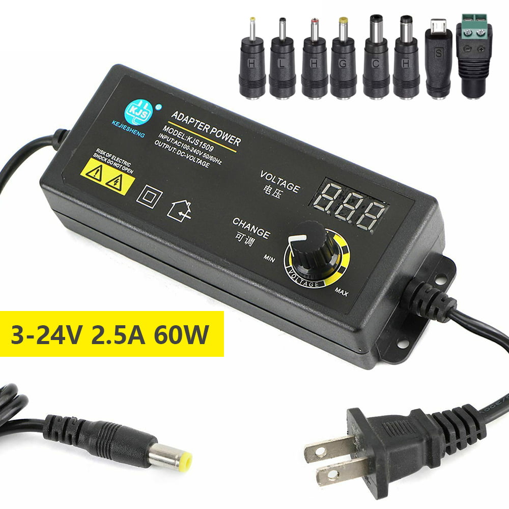 3V-24V 2.5A 60W Adjustable DC Power Supply Adapter Control Volt Display 8 Plugs 
