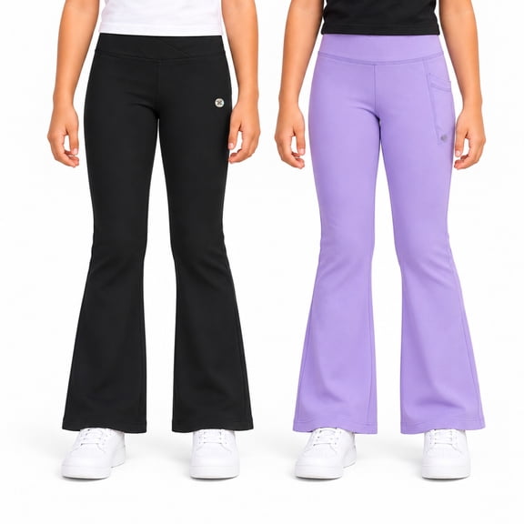 RBX Girls Stretch Flare Bell Bottom Leggings with Pockets for Yoga Dance and Play 2 Pack