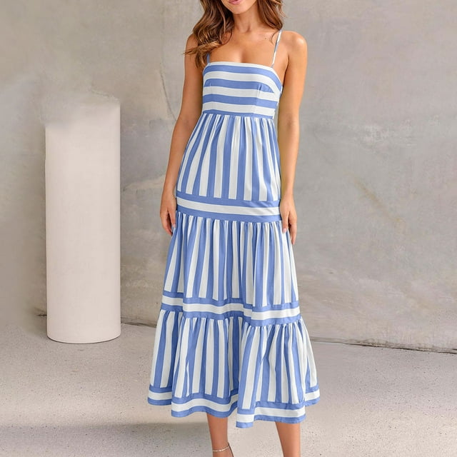 Neewe Robe d'Été à Bretelles Spaghetti pour Femme, Rayée, Décontractée, Coupe Ample, Bretelles Ajustables, Sans Manches, Maxi