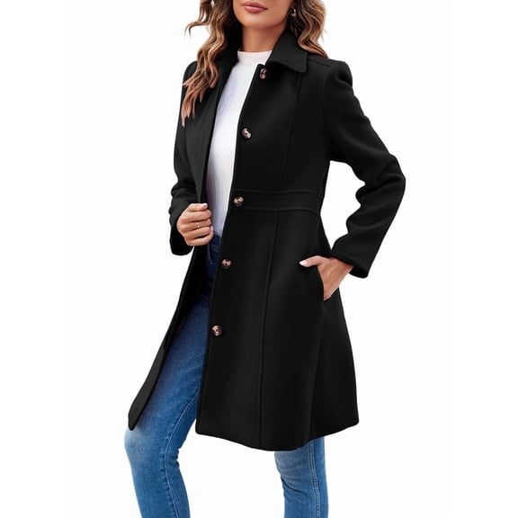 Women'S Elegant Single Breasted Coat Long Sleeve Mid Winter Overcoat Work Office Pea Coats Black M