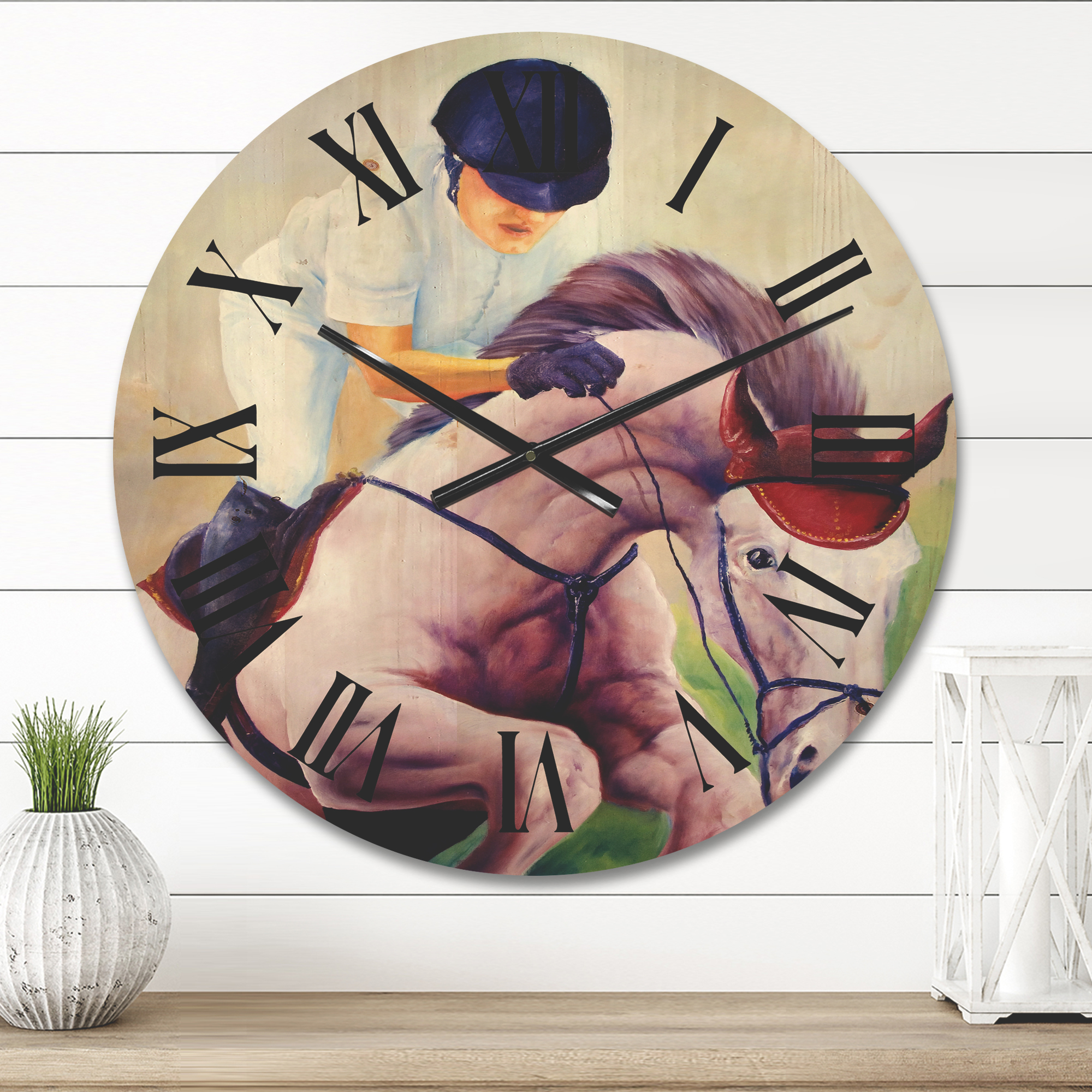Designart 'Jockey On Galoping Pink Horse' Farmhouse Wood Wall Clock