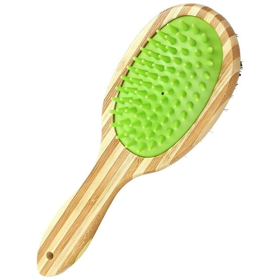 Dual-Sided Pet Grooming Brush – Wood Handle Brush with Silicone Massage & Boar Bristle | 9.13 in Soft Pet Brushing Comb for Shine, Gentle Dog & Cat Shedding Brush