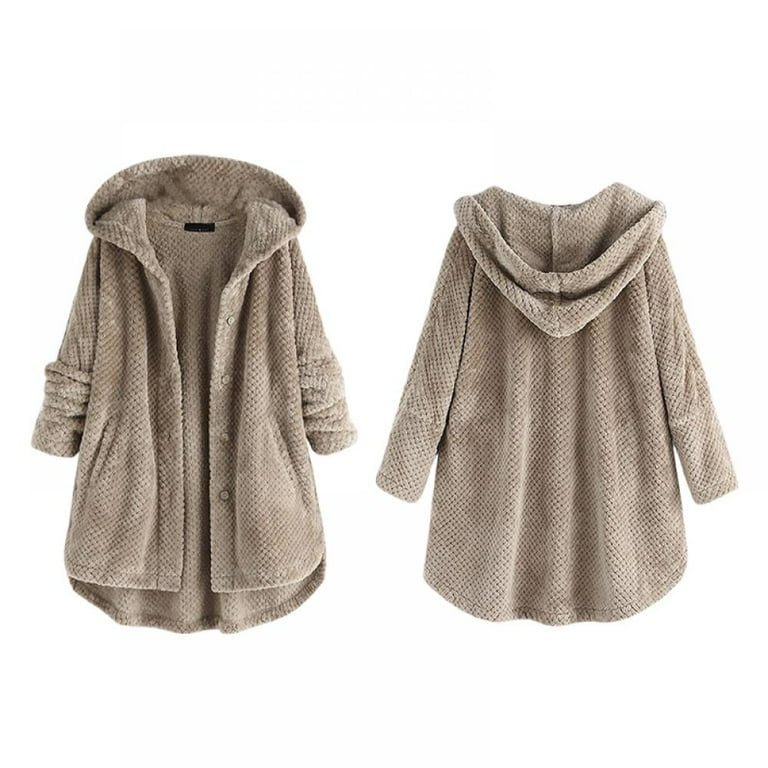 Hooded Cardigan Fleece Faux Fur Coats for Women Long Sleeve Teddy Bear Jacket Button Fluffy Pullover Outerwear Coat
