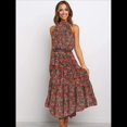 thumbnail image 4 of Vestido Bohemio de Verano para Mujer, Sin Mangas, con Estampado de Lunares, Cuello Halter, Volantes, Dobladillo y Cinturón Verde Naranja L, 4 of 7