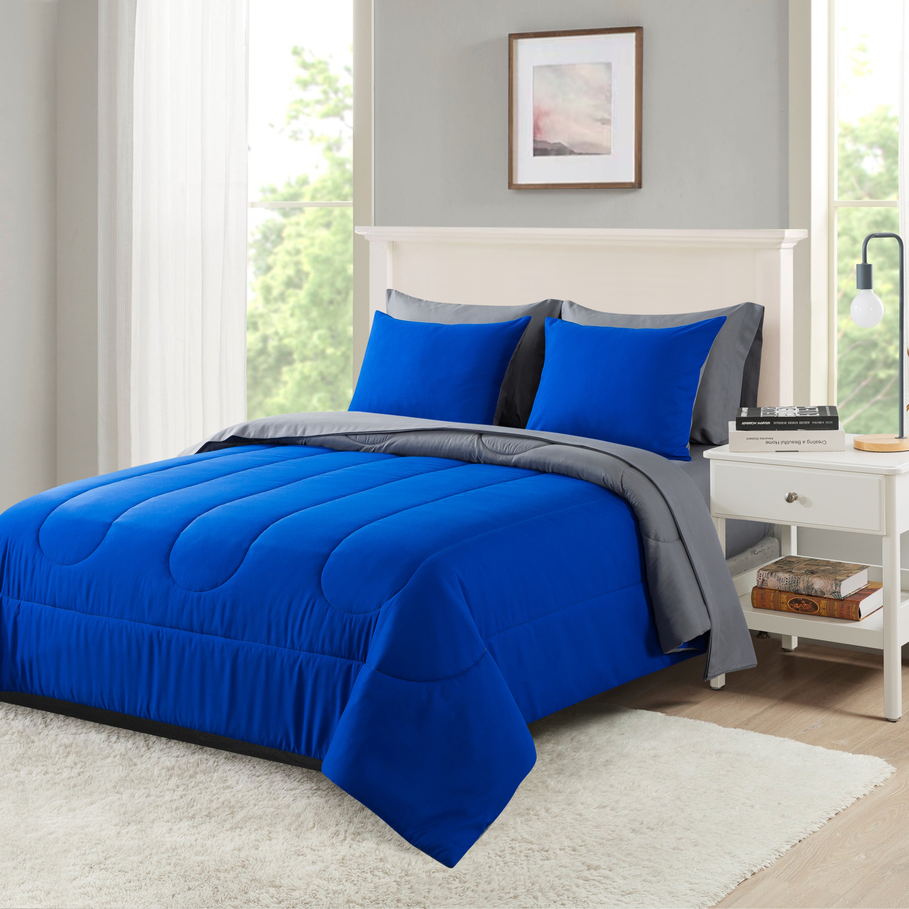 Mainstays Blue Reversible 7-Piece Bed in a Bag Comforter Set with Sheets, Queen - image 2 of 12