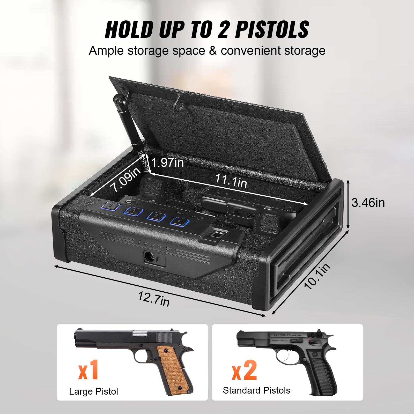 VEVOR Pistols Safe, Biometric Pistol Safe with Three Quick Access Ways of Fingerprints, Passwords and Keys, Handgun Safe for 2 Pistols for Home, Bedside, Nightstand, Car