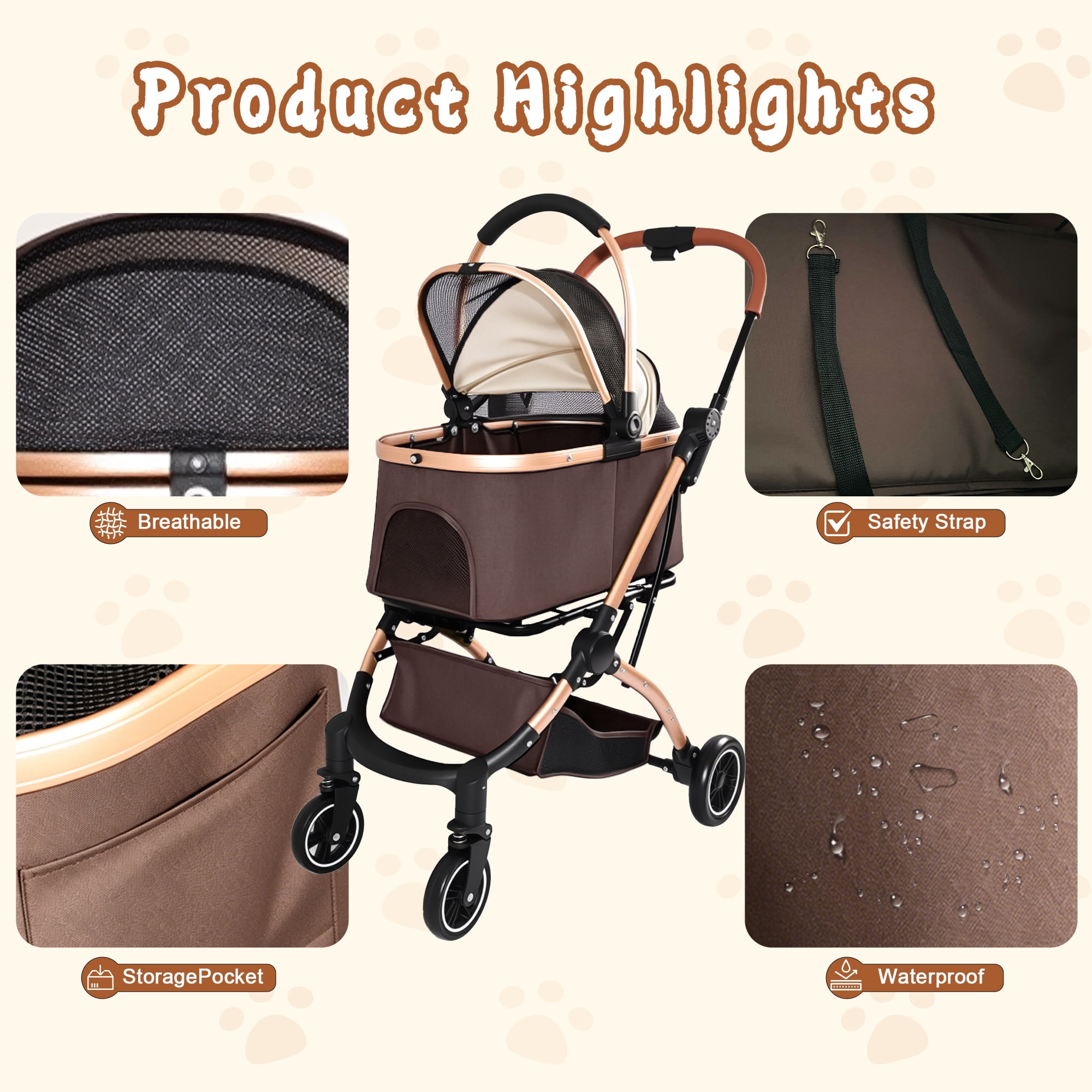 Foldable Pet Stroller for Small/Medium Dogs and Cats, Convertible Pet Cart with Detachable Carrier, Caster & Storage Basket