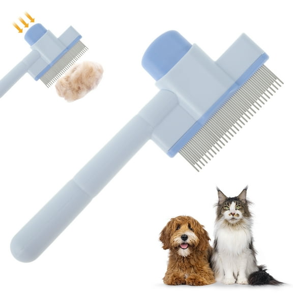 Unique Bargains Cat Comb Pet Hair Removal Brush with Release Button Flea Comb for Pets Self-Cleaning Grooming Brush for Massaging and Removing Shedding Hair Blue