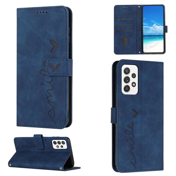 For Samsung A73 Case 5G Wallet Cover, PU Leather Kickstand Credit Card Pocket Slots Wrist Strap Magnetic Folio Heart Patterned Embossed Flip Cover for Samsung Galaxy A73 5G, Blue